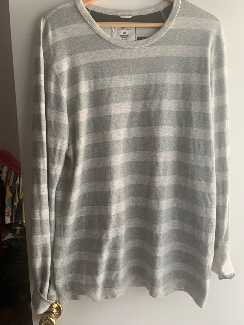 Reigning Champ Gray and White Striped Long-Sleeve Sweatshirt Made in Canada